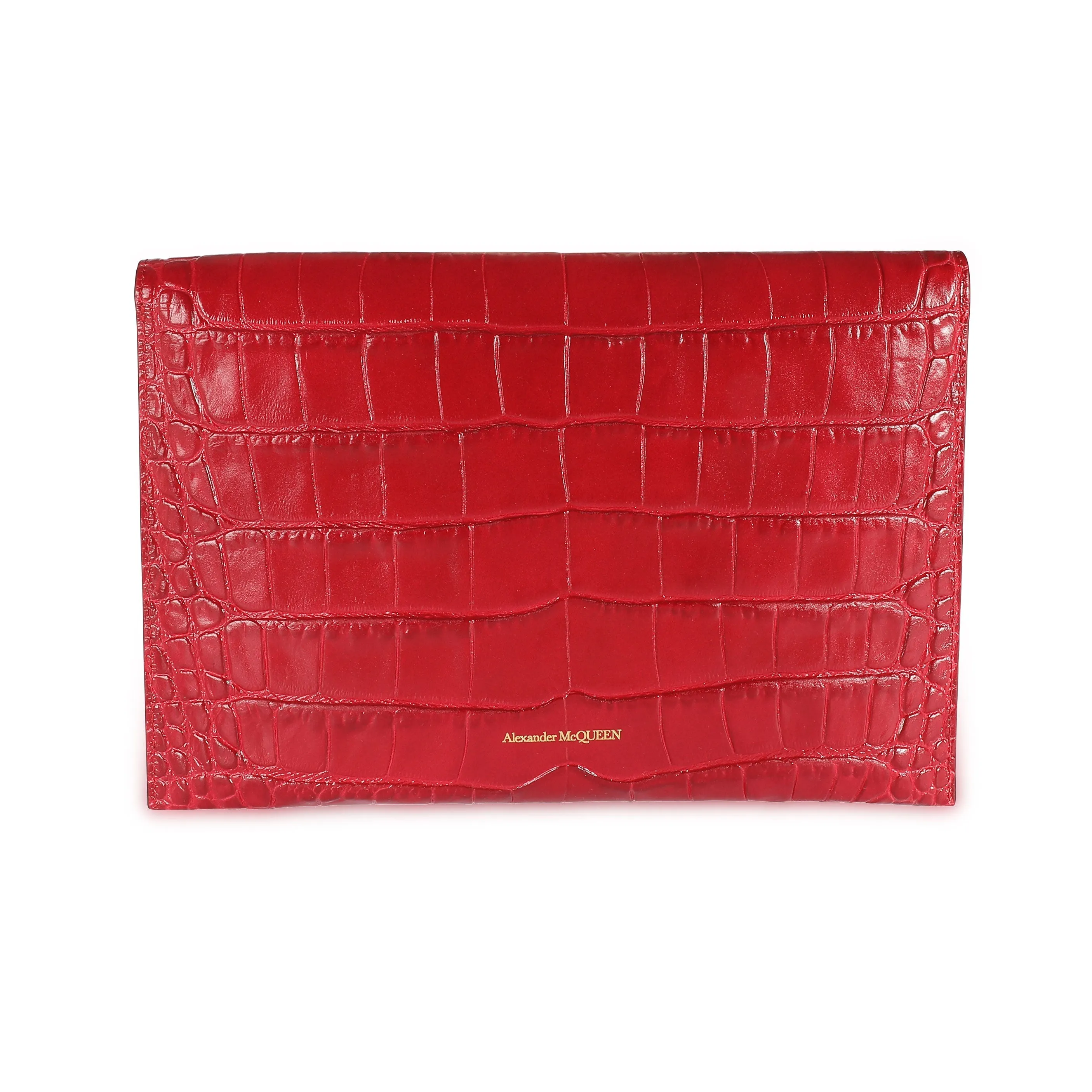 Alexander McQueen Red Crocodile-Embossed Leather Skull Pouch