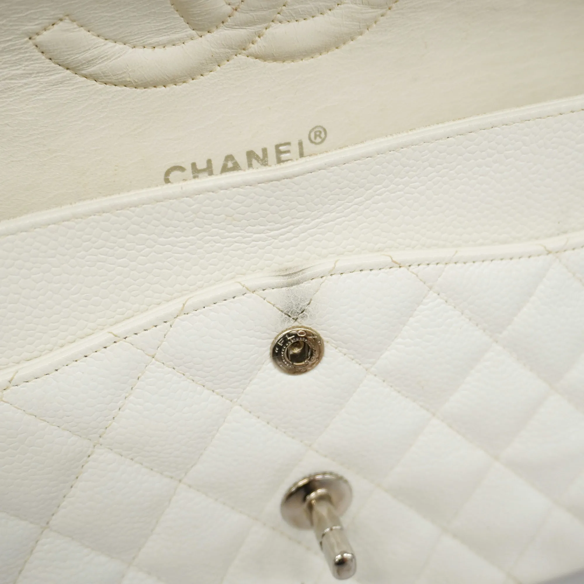 CHANEL  Matelasse W Flap W Chain Women's Caviar Leather Shoulder Bag White