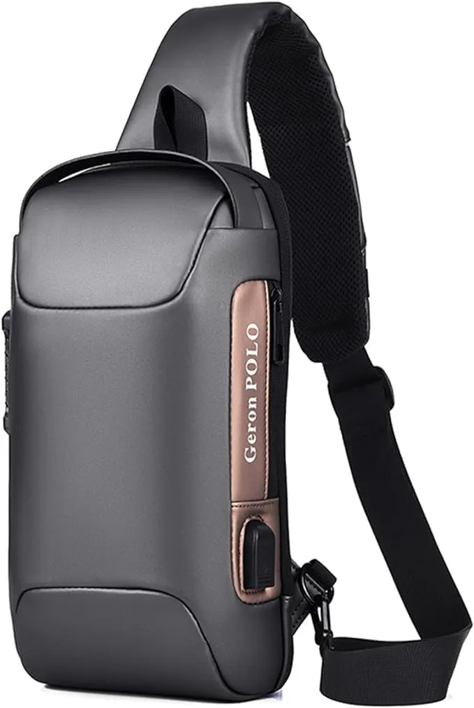Chest Bag, Multi functional Crossbody Bag Password Lock Anti-theft Waterproof and Scratch Resistant with USB Charging Port High-capacity Grey