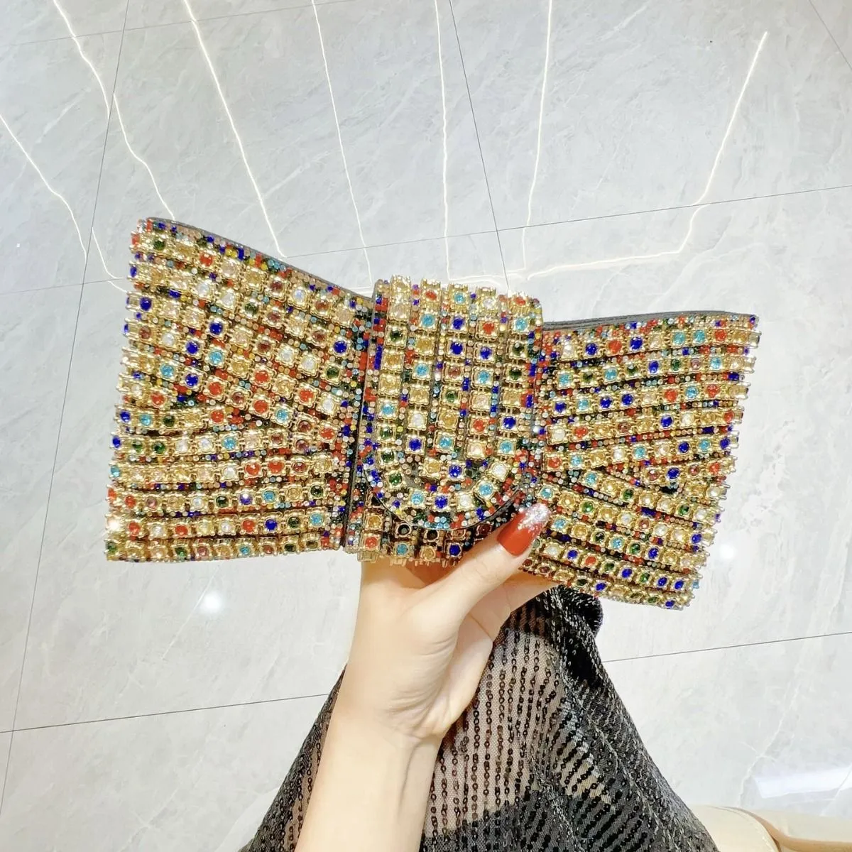 Glamorous Multi Colour Crystal Bow Clutch Bag