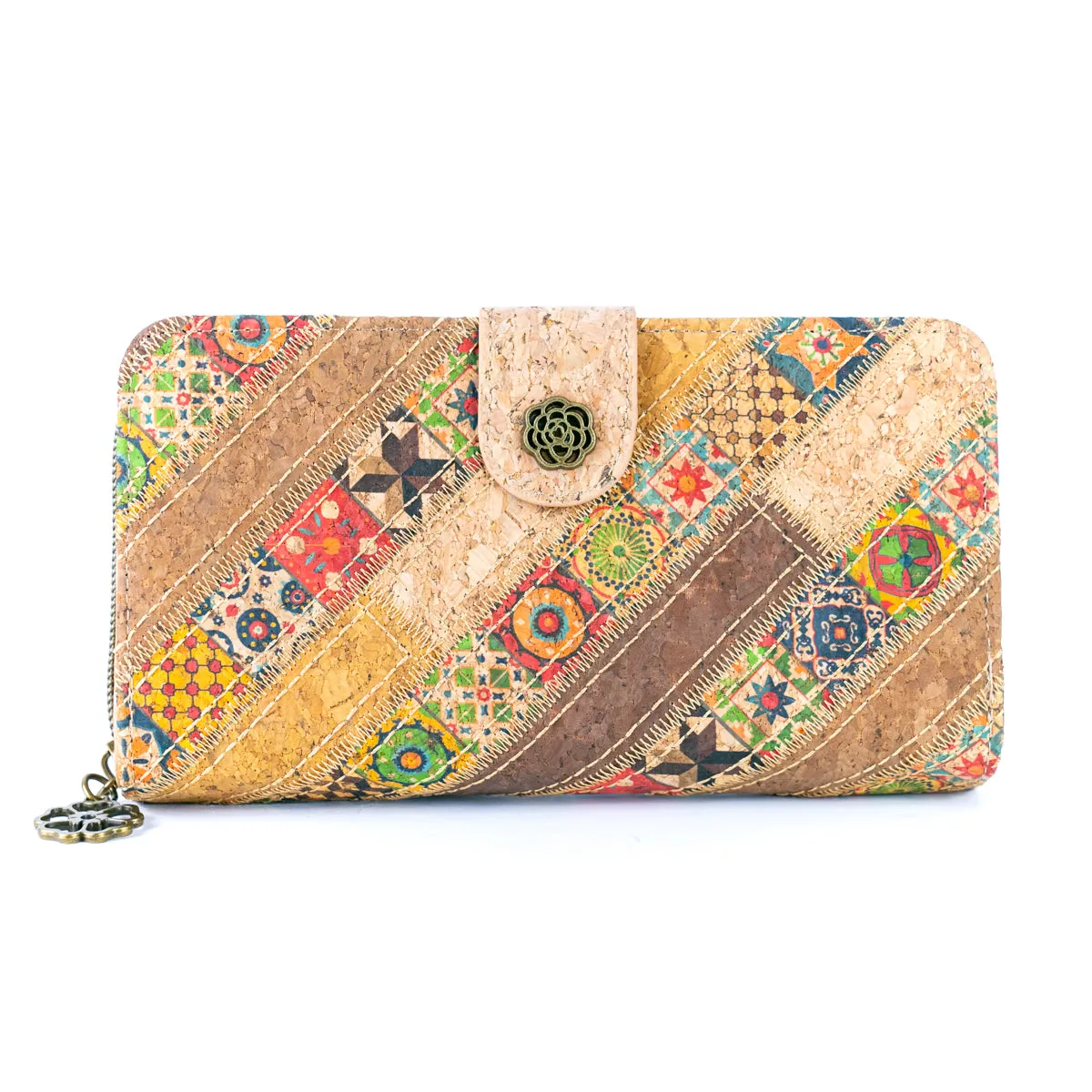 Patchwork-Stitched Printed Cork Long Wallet