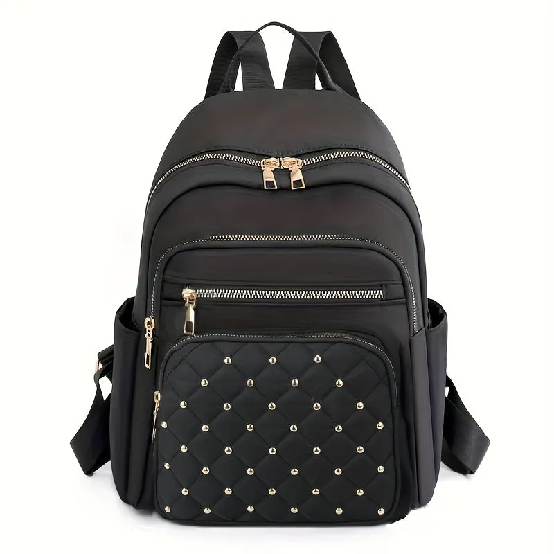 Quilted Rivet Large Capacity Backpack, Nylon Durable Lightweight School Backpack, Fashion Travel Commuter Bag