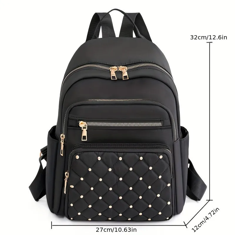 Quilted Rivet Large Capacity Backpack, Nylon Durable Lightweight School Backpack, Fashion Travel Commuter Bag
