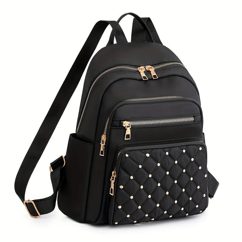 Quilted Rivet Large Capacity Backpack, Nylon Durable Lightweight School Backpack, Fashion Travel Commuter Bag